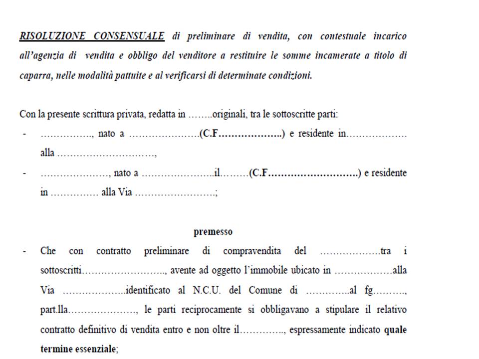 Modulo Di Risoluzione Consensuale Di Preliminare Di Vendita