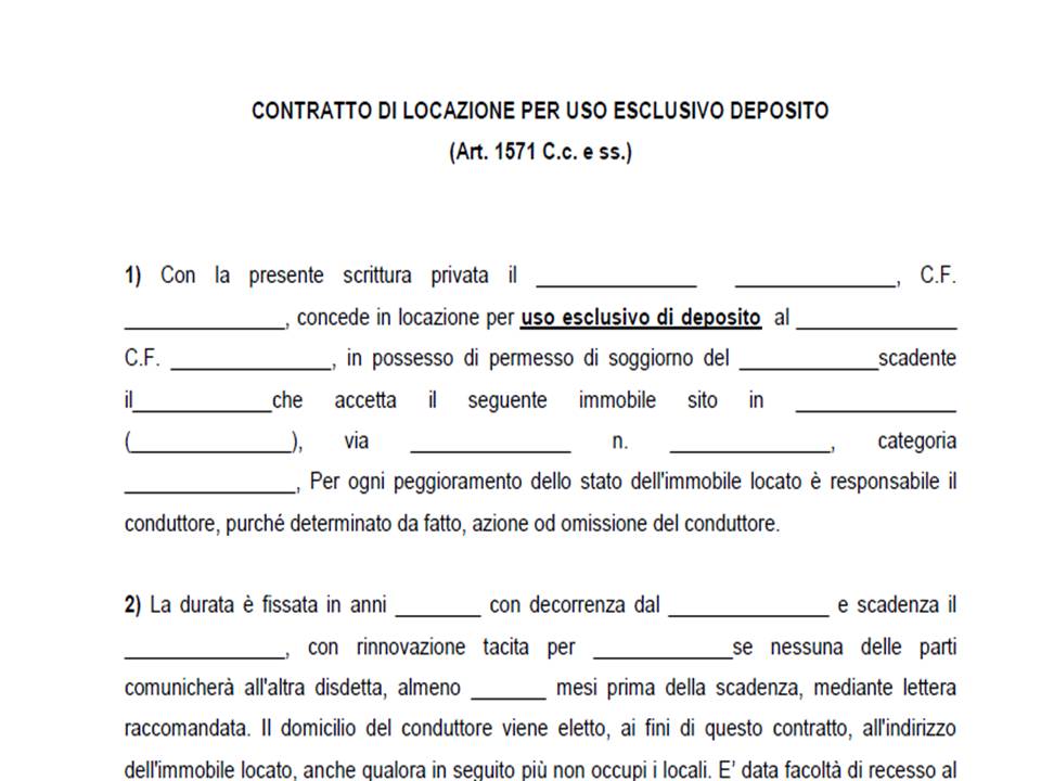 Modulo Contratto Di Locazione Ad Uso Esclusivo Deposito