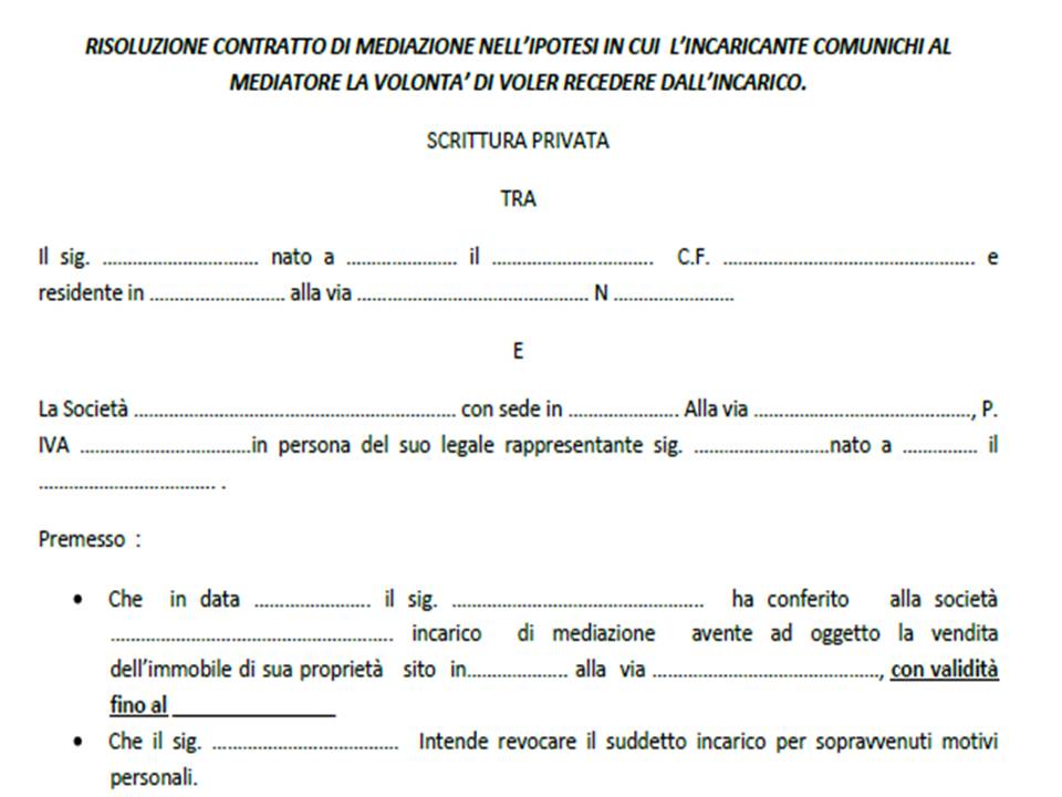 Modulo Risoluzione Contratto Di Mediazione Nellipotesi In