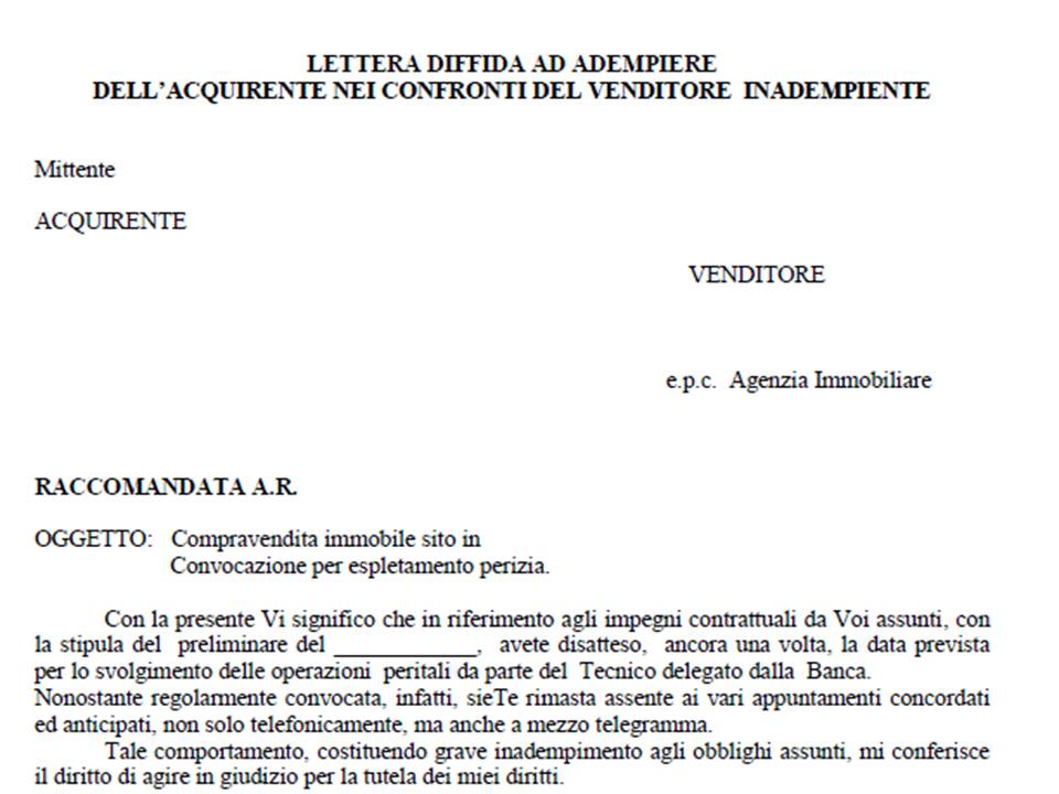 Fac simile lettera di diffida