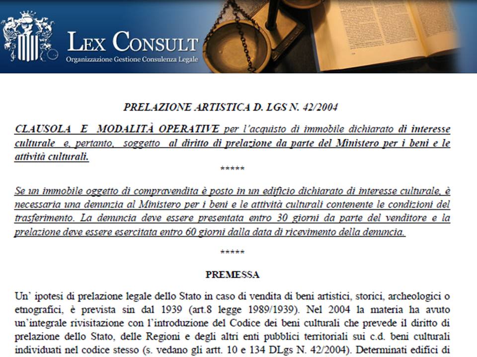 PRELAZIONE ARTISTICA D. LGS N. 42/2004.  CLAUSOLA  E  MODALITÀ OPERATIVE.