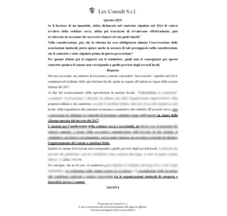 PARERE N. 825: Contratto a canone concordato e cedolare secca - modalità operative in occasione dei successivi rinnovi del contratto.-